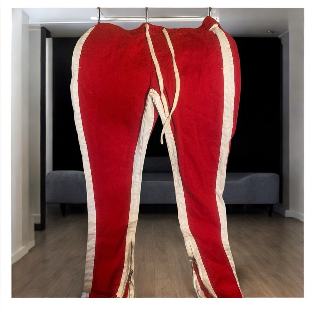 Fashion Nova Red and White Cargo Pants with Bold Design